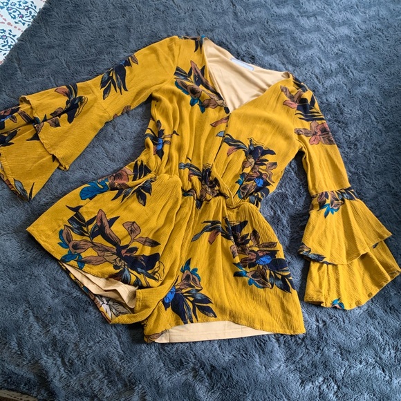 mustard floral long sleeve shorts romper - Picture 5 of 5